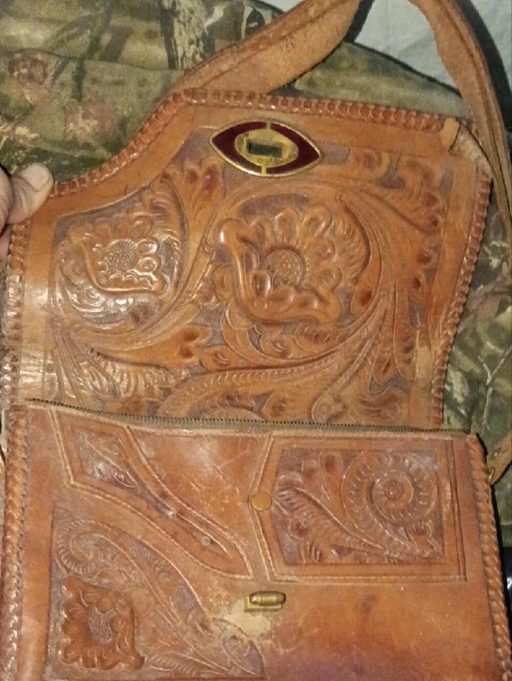 Hand-Tooled Brown Leather Crossbody Bag